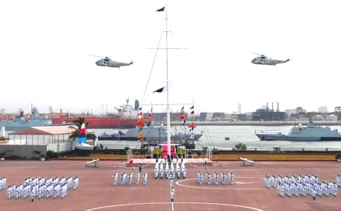 PAK NAVY Stealth Warship PNS TAIMUR and WS-61 ASW Helicopters Present Salute During 121st Midshipmen And 29th SSC At PAK NAVAL Academy in Karachi