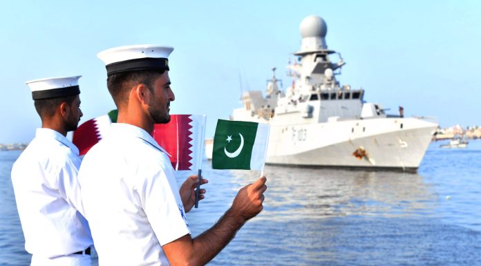 Qatar Emiri Guided Missile Naval Warship ALKHOR Arrived Karachi Port Of Beloved Peace Loving Sacred PAKISTAN To Participate In Joint Naval Drills ASAD AL BAHR With Stealth NAVAL Warship Of PAK NAVY