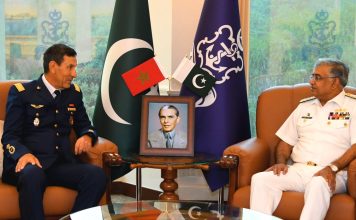 Inspector of the Royal Moroccan Air Force Major Gen Mohammed Gadih And PAK NAVAL CHIEF Admiral Naveed Ashraf Discusses indian And iranian Terrorism In Sacred PAKISTAN At NAVAL HQ Islamabad